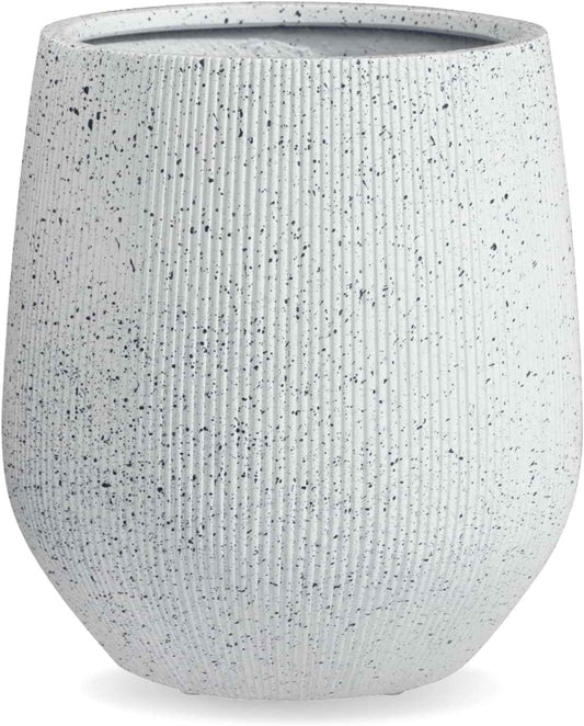 12.5" H x 11.5" D Ribbed Corso Fiberstone Round Planter with Drainage Hole, Weather Resistant, Indoor and Outdoor Use, Included 2 Extra Coco Mats (Ribbed Speckled White, 9" Pot Opening)