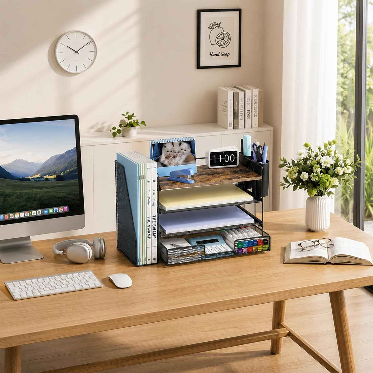 Desk Organizer, 4-Tier Desktop File Organizer with Drawer and Pen Holders, Office Desk Accessories, File Sorters, Workspace Organizers for Office Supplies(Wood)
