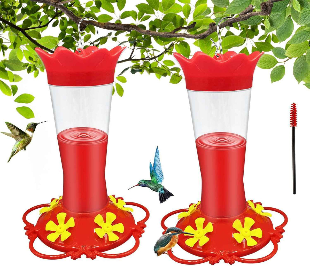 Hummingbird Feeders for Outdoors Hanging Ant and Bee Proof,2 Pack Humming Birds Feeders for Outside,13.5OZ Red Plastic Flower Bird Feeders 5 Feeding Ports Bird Nectar Feeder for Garden Décor Gifts