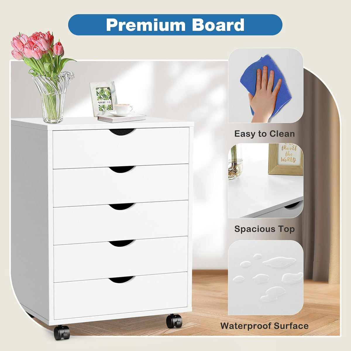 OLIXIS 5 Drawer File Cabinet on Wheels, Printer Stand | Fits Under Desks, Wood Storage Organization Holds Printer, Office Supplies, Not For Hanging Files, For Home Office Use White - Field & Nook