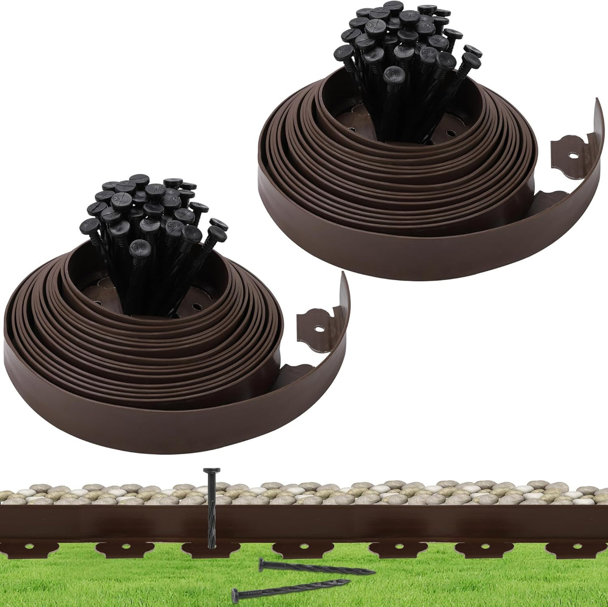 Landscape Edging Kit Flexible Lawn Edging, Landscape Edging Border 33 FT with 30 Spikes, 2" Tall No Dig Garden Edging Roll for Landscaping Flower Beds Yard Pathway (2IN x 66FT, Brown)