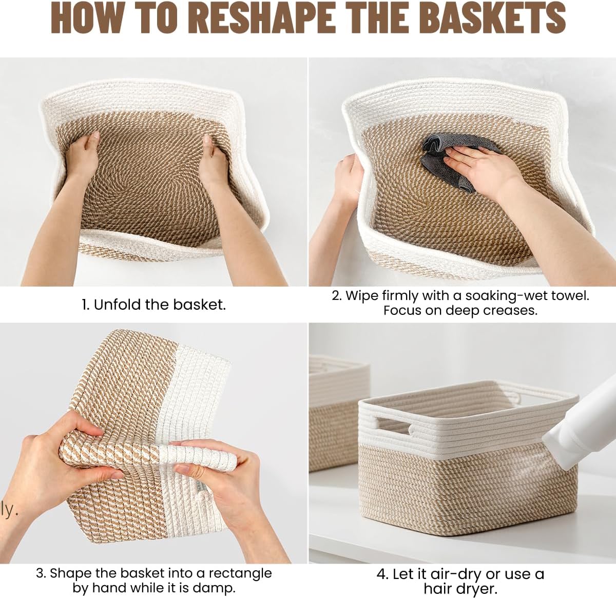 5 Pack Woven Storage Baskets, Decorative Storage Bins for Organizing | 13.8'' × 9.8'' × 7.9'', Cotton Rope Basket Organizer for Closet, Shelves, bathroom, Nursery, Toys, Books, Pantry, Khaki/White - Field & Nook