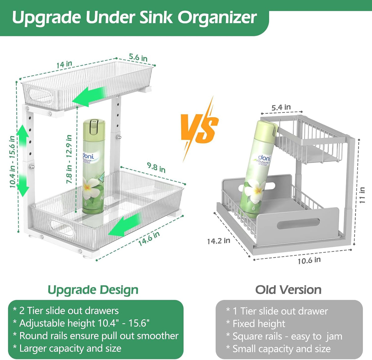ADRIMER Under Sink Organizer 2 Packs, Pull Out Kitchen Sink Organizer, 2 Tier Slide Out Kitchen Organizers and Storage Bathroom Under Cabinet Storage Shelf, Transparent & White - Field & Nook