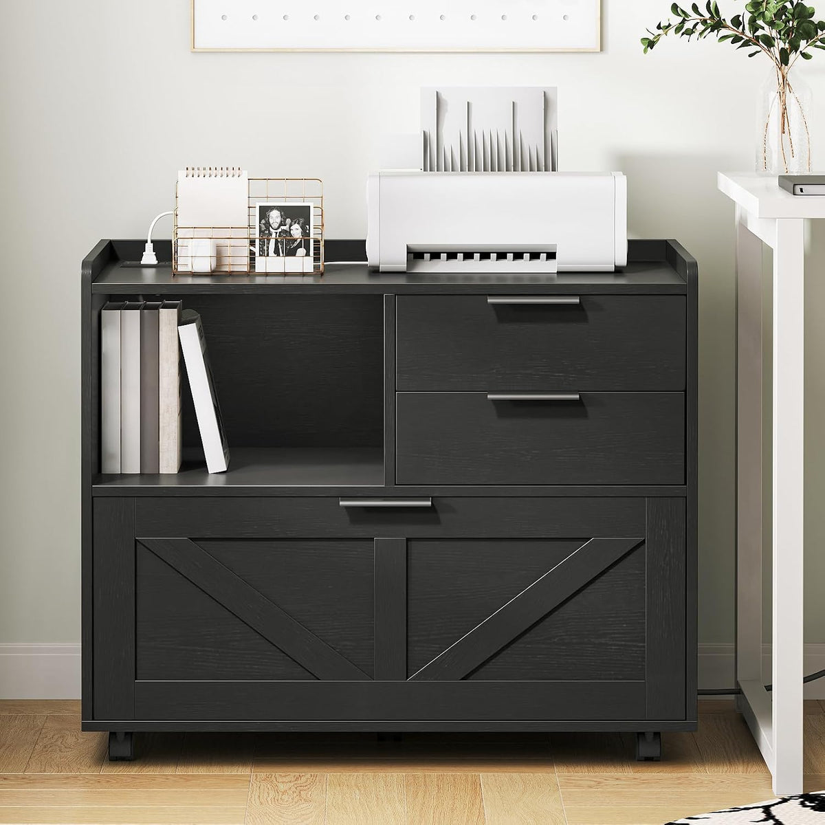 HOOBRO Lateral File Cabinet, Wooden Office Storage Drawers with Charging Station, Filing Cabinet for Home Office, A4/Letter/Legal-Sized Files, Printer Stand with Open Storage Spaces, Black BB37UWJ01 - Field & Nook