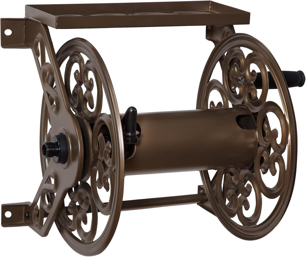 Decorative Wall-Mount Steel Garden Hose Reel – Holds 125 ft, Bronze