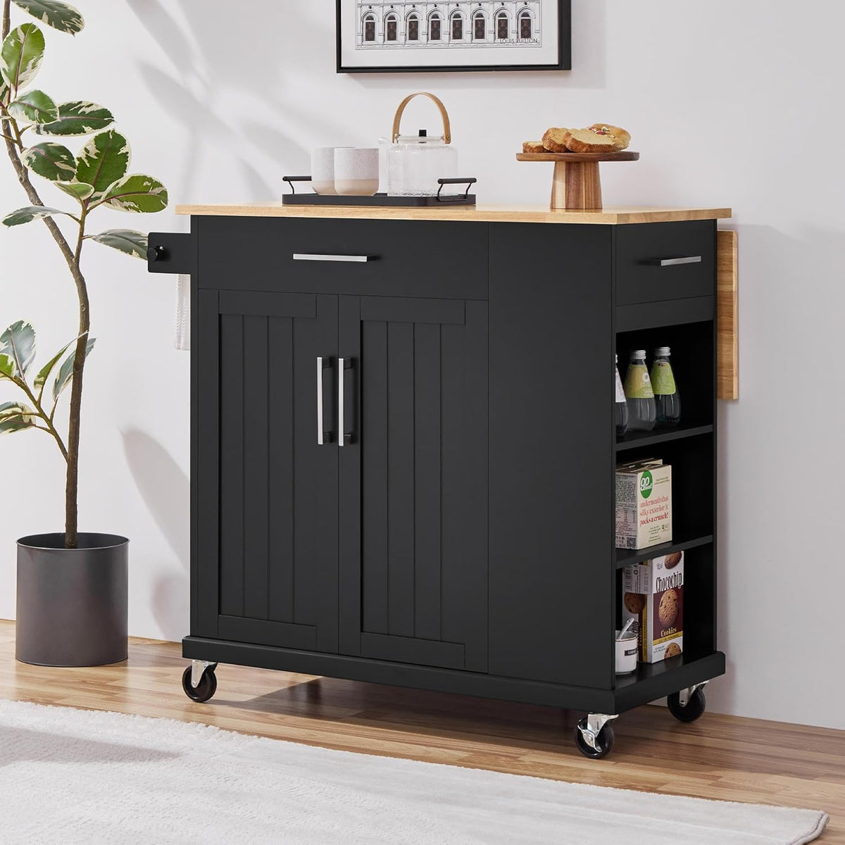 Rolling Kitchen Island Cart – Drop Leaf, Drawers, Cabinet & Towel Bar, Black