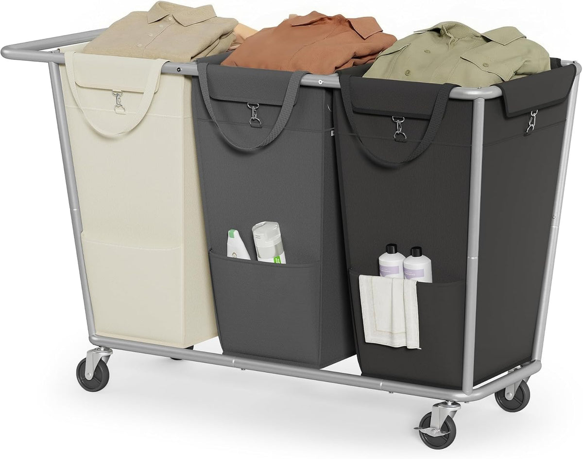290L 3-Section Steel-Frame Rolling Laundry Hamper - Field & Nook