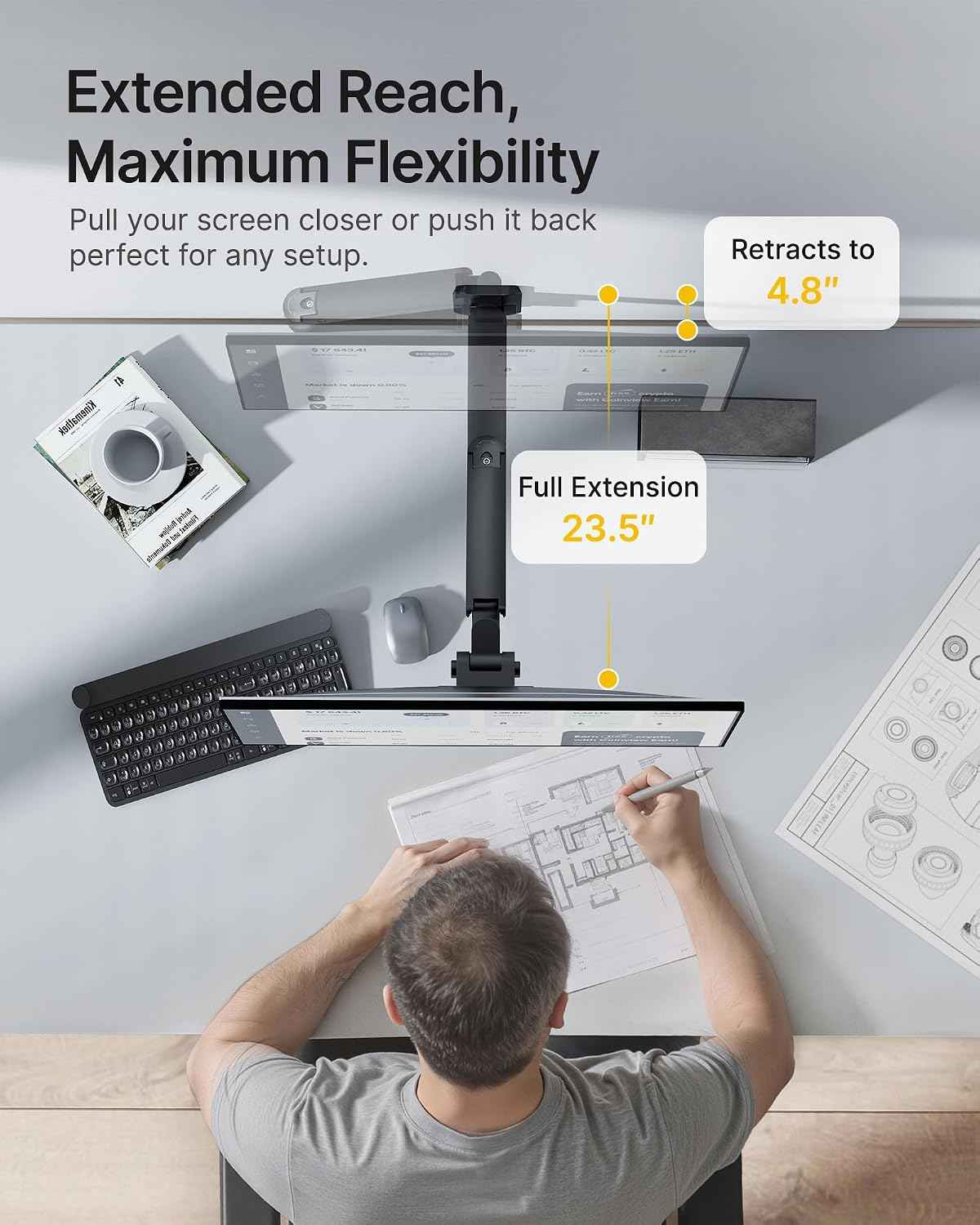 monTEK Single Monitor Wall Mount, 17–49" Gas Spring Arm, Up to 44 lbs，Black | Fits 49" Max Ultrawide & Curved Monitors,Rock-Solid Gas Spring Wall Mount, Full Motion Adjustment, 75/100mm VESA Compatible