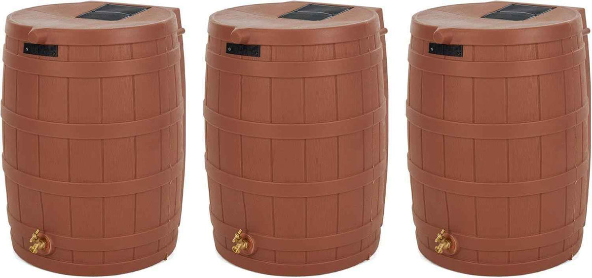 Good Ideas Rain Wizard 50 Gallon Plastic Outdoor Home Rain Barrel Water Storage Collector with Brass Spigot and Flat Back Design, Terra Cotta (3 Pack)