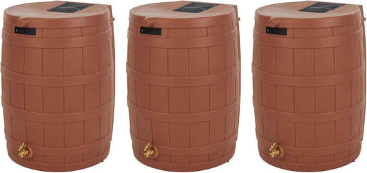 Good Ideas Rain Wizard 50 Gallon Plastic Outdoor Home Rain Barrel Water Storage Collector with Brass Spigot and Flat Back Design, Terra Cotta (3 Pack)