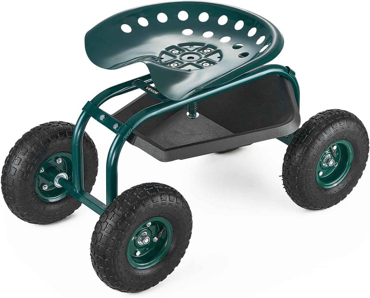VEVOR Rolling Garden Cart with Swivel Seat, Heavy Duty Garden Seat with Storage Basket & Tool Tray, 300 lbs Weight Capacity, Outdoor Utility Gardening Stool Scooter for Lawn Yard Planting Weeding