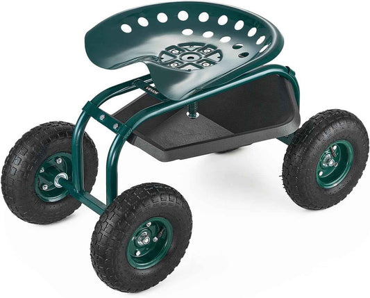 VEVOR Rolling Garden Cart with Swivel Seat, Heavy Duty Garden Seat with Storage Basket & Tool Tray, 300 lbs Weight Capacity, Outdoor Utility Gardening Stool Scooter for Lawn Yard Planting Weeding