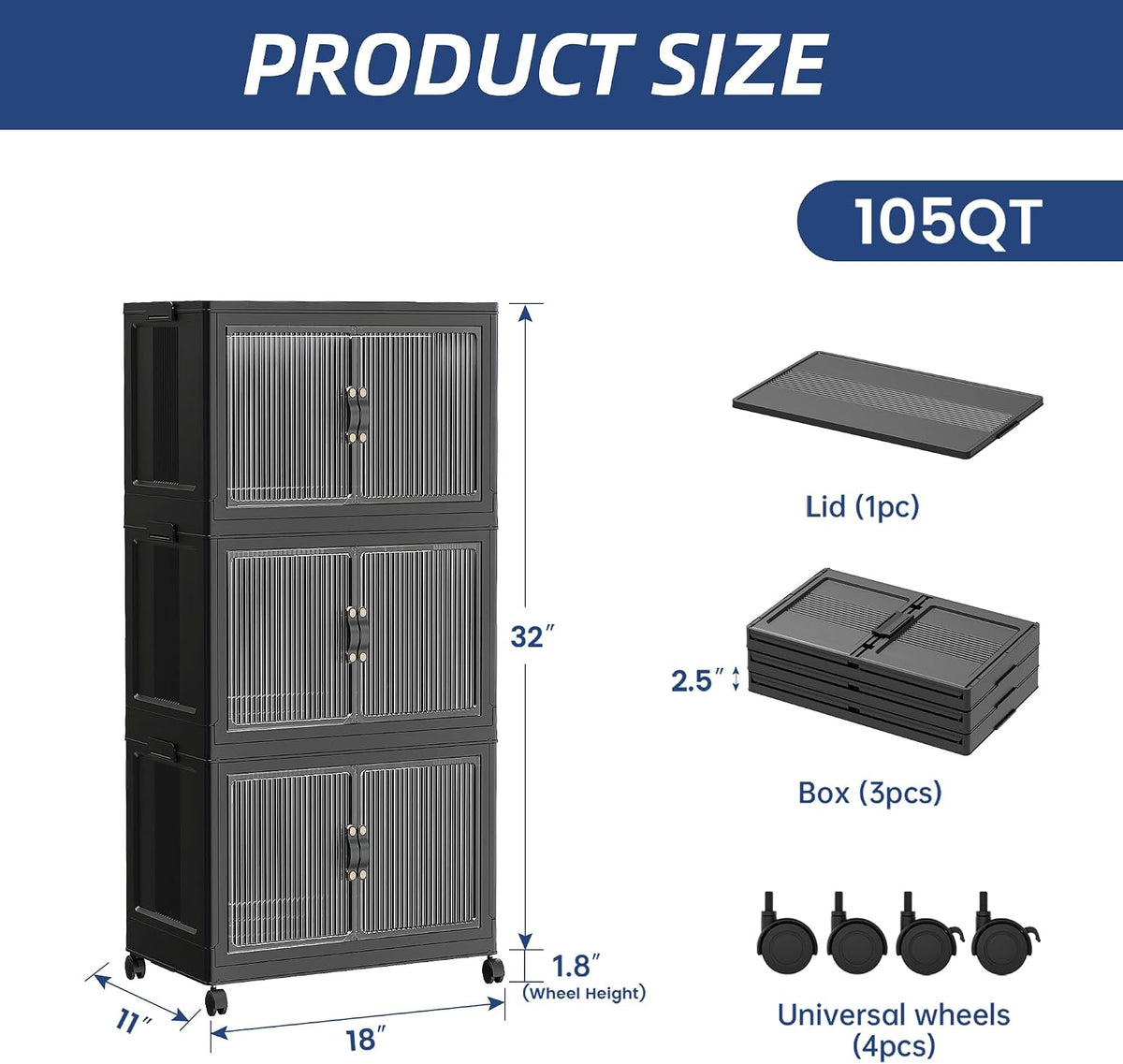SAILUN 105Qt Stackable Storage Bins,Storage Cabinet with a Lid,3 Pack Black | Stackable Storage Drawers with Lids,18" W x 11" D x 32" H,Featuring open-front Access for Clothes and Closet Storage - Field & Nook