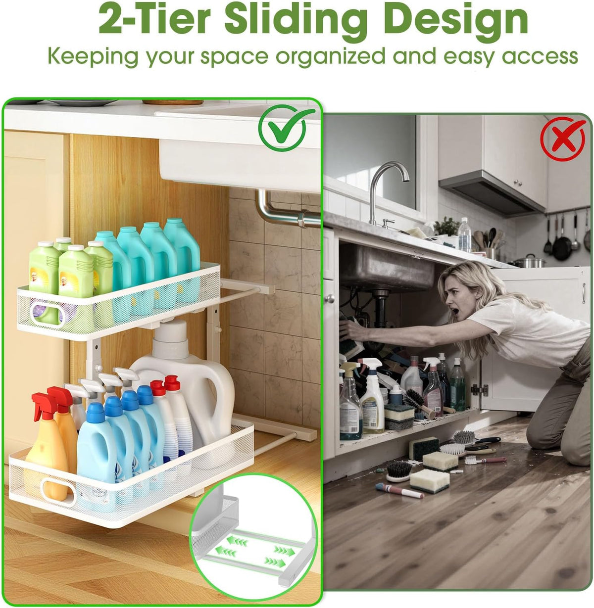 Under Sink Organizer 2-Pack, Metal 2-Tier Pull-Out Cabinet Shelf with Slide-Out Mesh Drawers, Height Adjustable, Space-Saving Under Sink Storage Racks for Kitchen, Bathroom, Laundry Room, White - Field & Nook