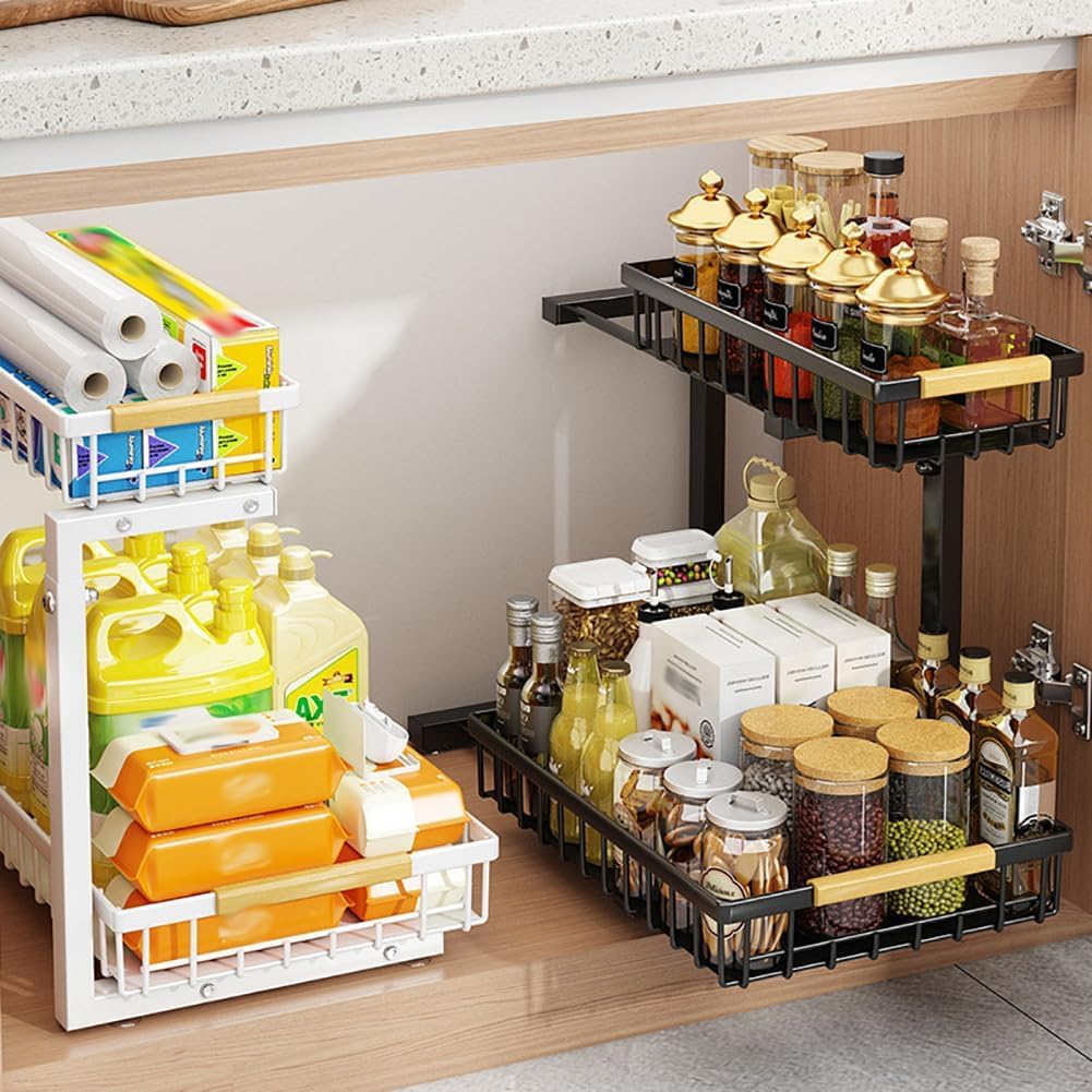 Takywep 2 Tier Pull Out Cabinet Organizer, Adjustable Under Sink Slide Out Shelf with L-Shape Design, Metal Storage Basket for Kitchen, Bathroom Counter Organization - Field & Nook