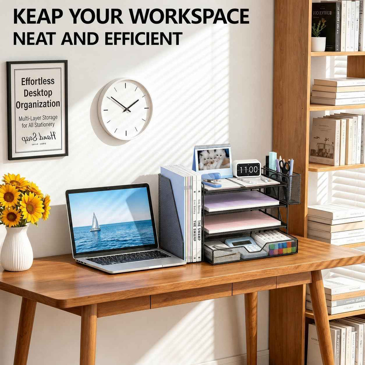 Desk Organizers and Accessories, 4-Tier Desktop File Organizer with Drawer and Pen Holders, Office Desk Accessories Workspace Organizers for Office Supplies (Black)