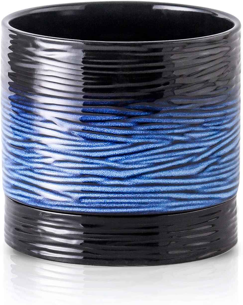 Nihow Ceramic Plant Pot: 6 Inch Planter with Drainage Hole & Saucer for Indoor & Outdoor Plants - Cylinder Round Flower Pot for Succulent/Herbs/Violets - Black & Vivid Blue