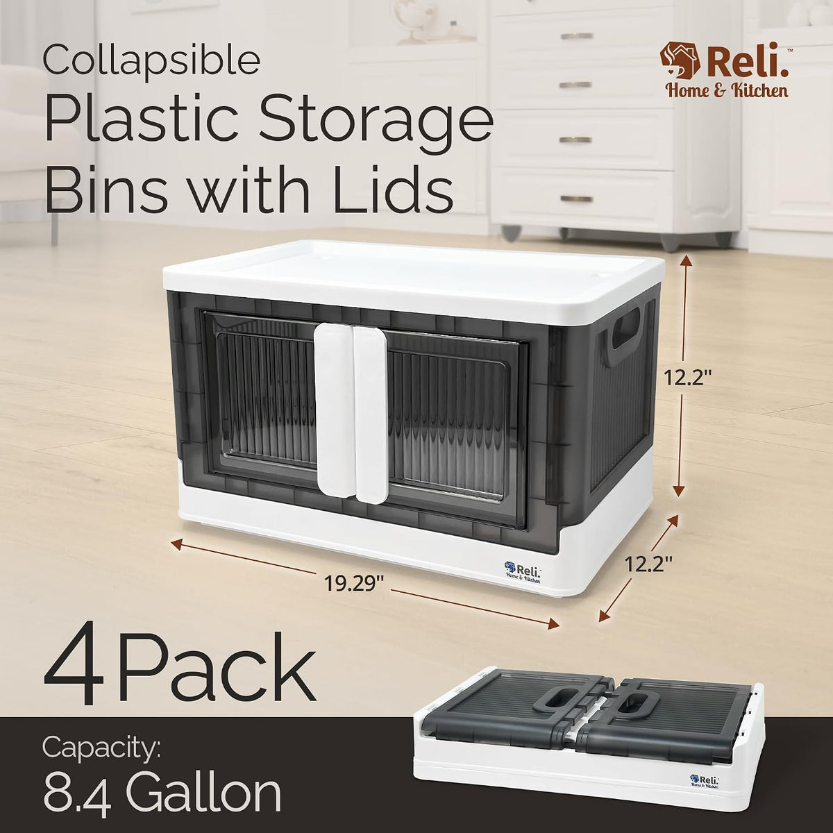 Reli. Collapsible Storage Bins 8.4 Gal (4 Pack) | Stackable Bins with Lids | Foldable containers | Portable | Clothing storage organizer, storage on wheels, plastic bins with dual-access doors - Field & Nook
