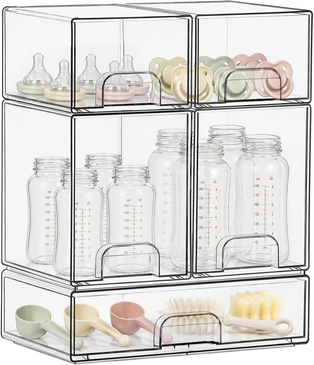 QRRICA Baby Bottle Organizer for Countertop, 5-Piece Stackable Clear Acrylic Storage with Non-Slip Pads & Handles – Large Capacity for Kitchen, Pantry, Bathroom, Vanity, Cabinet - Field & Nook