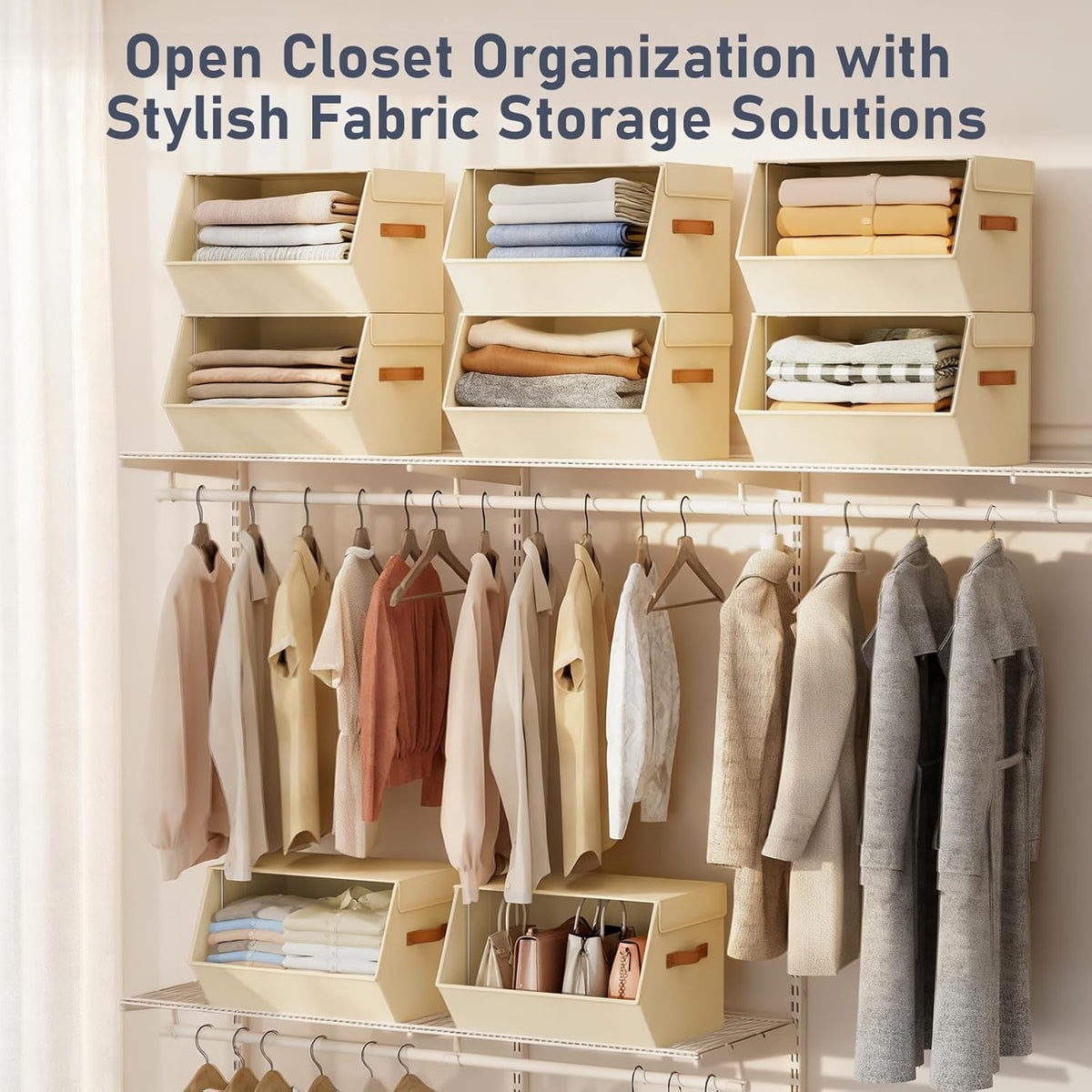 Stackable Closet Organizers and Storage Bins, Open Front Closet Shelf Organizer System With Steel Frame, Clothes Storage Basket Fabric, Collapsible Closet Drawers for Wardrobe, Nursery ,Toy, 4 Pack - Field & Nook