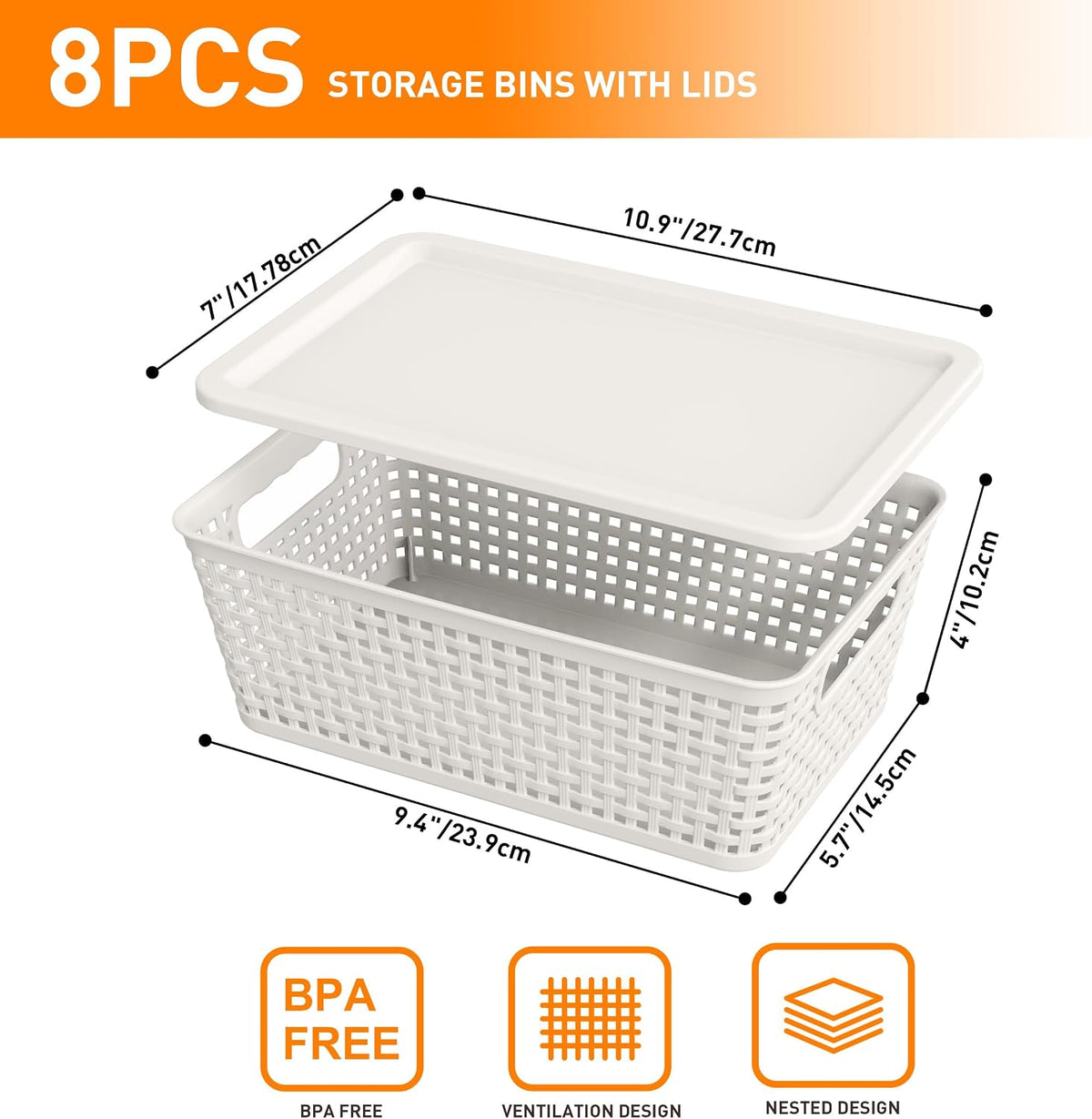 Plastic Storage Baskets With Lid, Storage Bins for Organizing, Stackable Decorative Containers for Shelves Drawers Desktop Closet Playroom Classroom Office, 8 Pack-White - Field & Nook