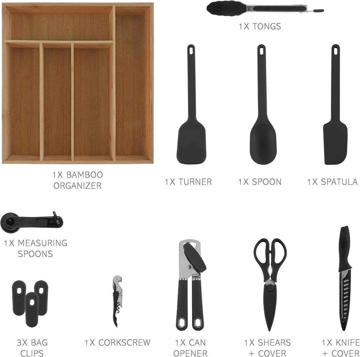 COOK WITH COLOR Bamboo Kitchen Utensil Set, 18 Piece, Black
