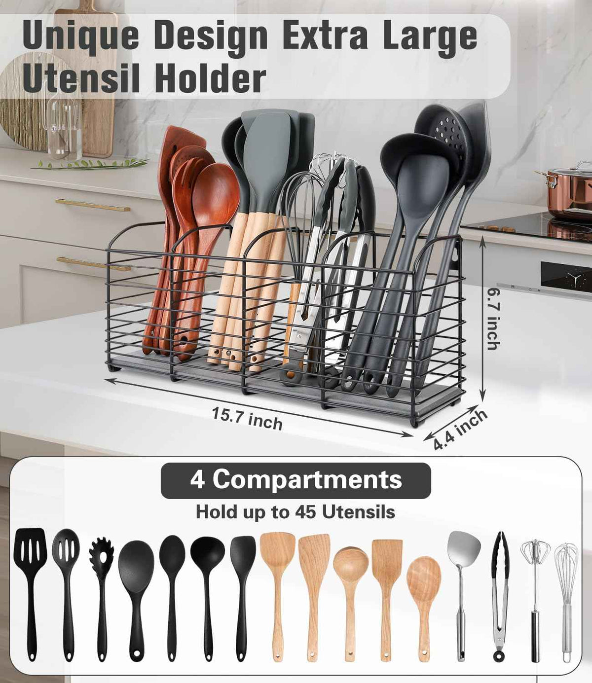 Kitchen Utensil Holder, 4-Compartment, Matte Black