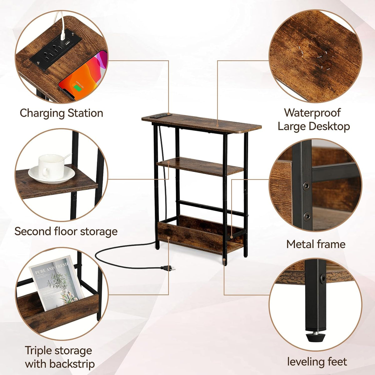 Narrow Sofa Side Table – Charging Station and Storage Shelves