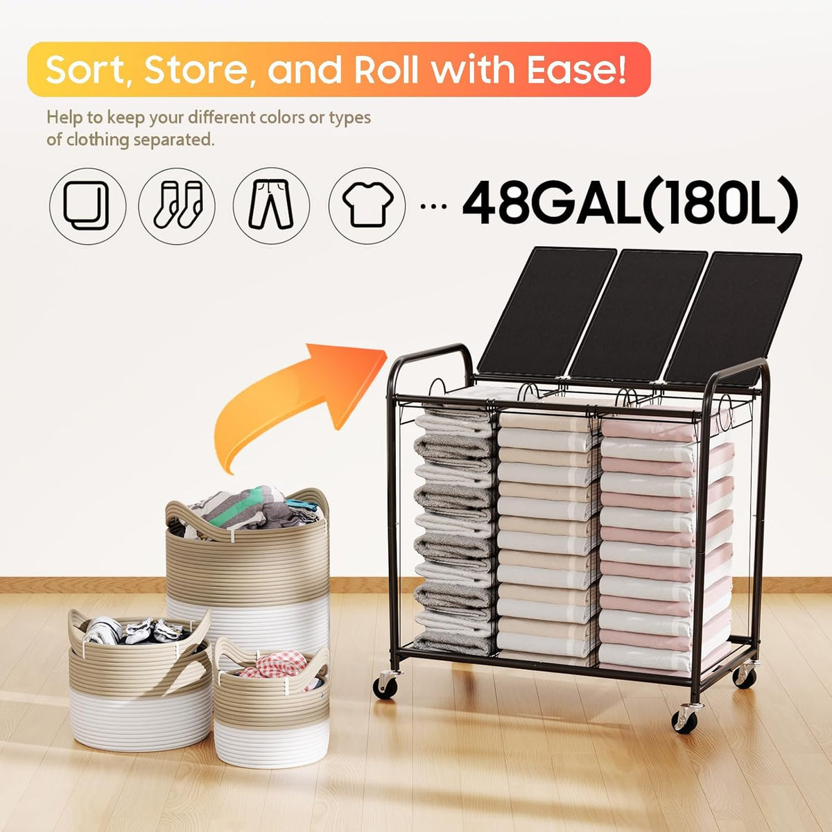 180L 3-Section Rolling Laundry Hamper with Lid - Field & Nook