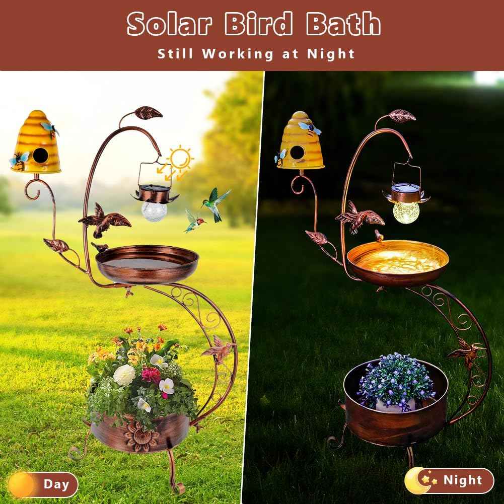DREAMSOUL Solar Bird Bath with Bird House, 3 in 1 Bird Bath for Outside with Flower Planter, Metal Birdbath with Solar Light for Garden Yard Decor