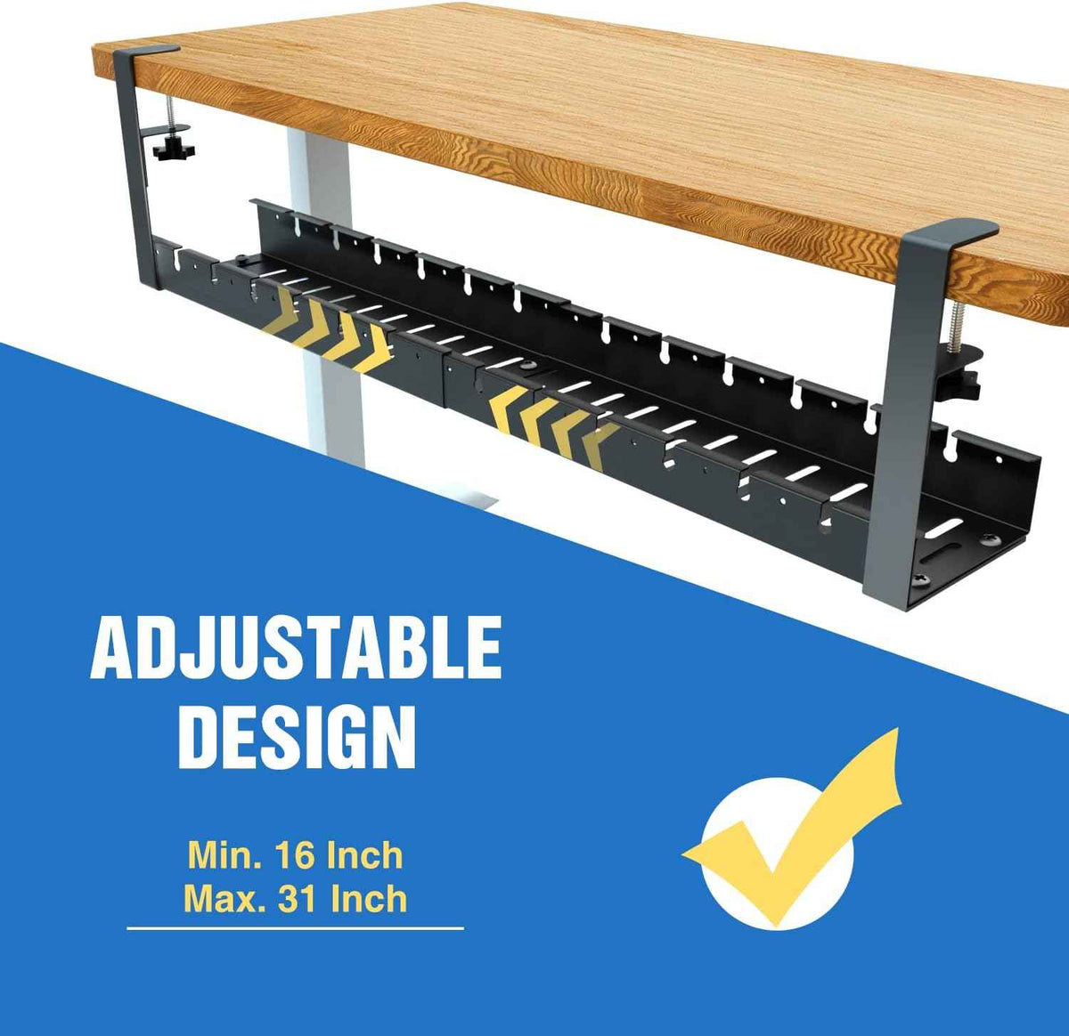 31-Inch Extendable Under-Desk Cable Tray – No-Drill Clamp-On Metal Cord Organizer, Black