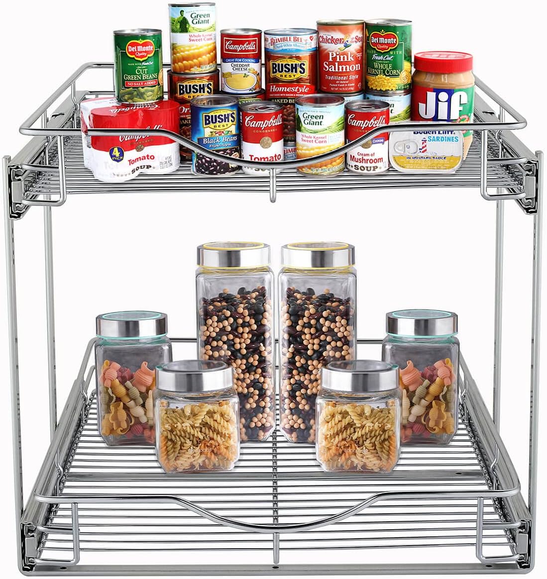 DINDON 2 Tier Pull Out Cabinet Organizer (11" W x 18" D) Heavy-Duty Metal Sliding Drawer Shelf, Two Tier Pull Out Shelves for Kitchen Cabinets, Pantry, Bathroom, Chrome Finish - Field & Nook