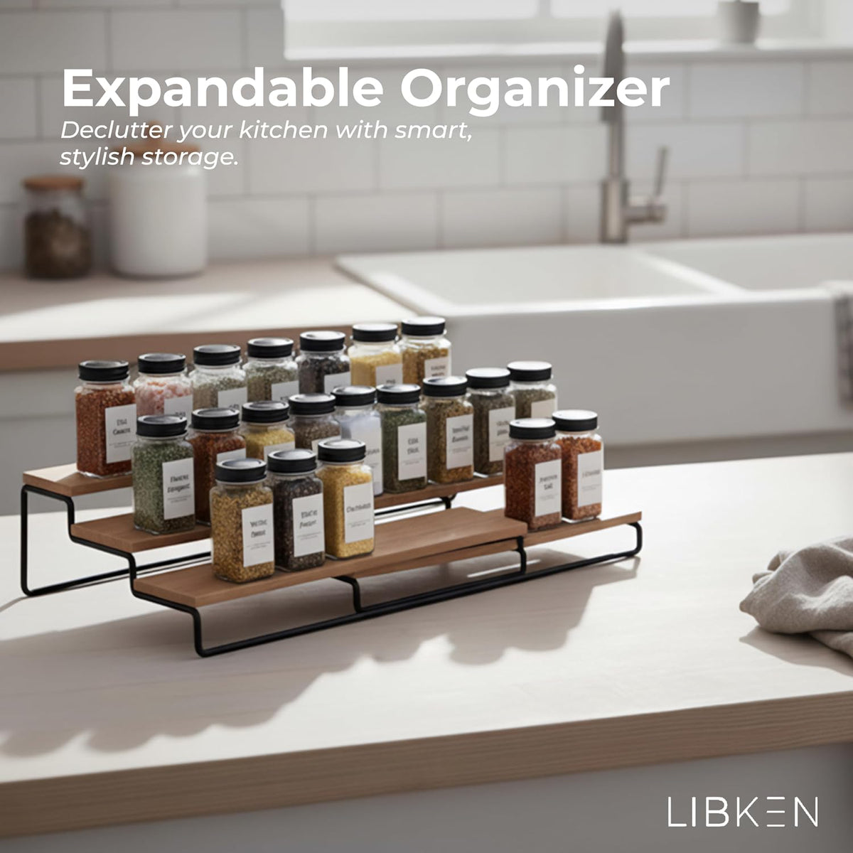 Tiered Spice Rack Organizer – Wood & Metal Countertop & Cabinet Spice Stand, Strong & Sturdy 3-Tier Shelf for Kitchen, Pantry, Seasoning Bottles – Minimal Scandinavian Design - Wood Brown - Field & Nook