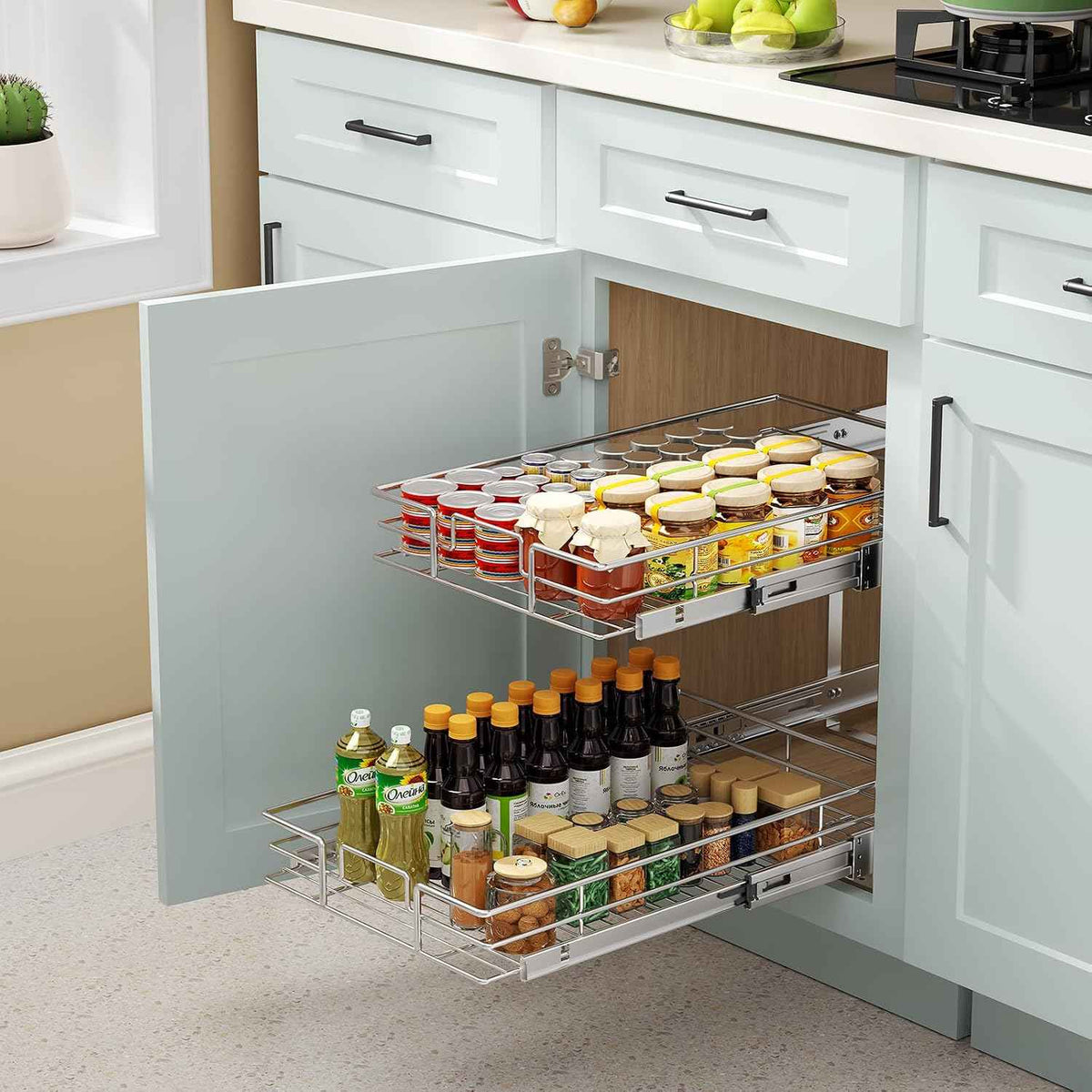 ROOMTEC 2 Tier Pull Out Cabinet Organizer, 11" W x 18" D