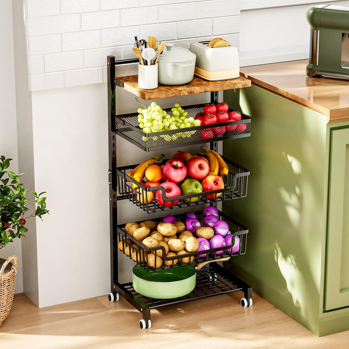 HapiRm Fruit Basket Kitchen Cart - Floor 5 Tier Adjustable Fruit and Vegetable Storage Rack, Large Capacity Rolling Kitchen Carts on Wheels for Pantry Snack Potato and Onion Storage - Field & Nook