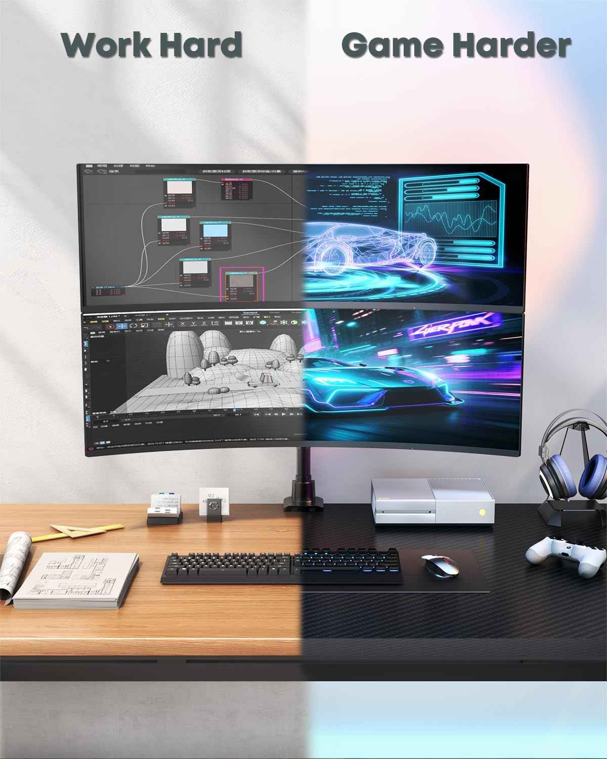 Dual Ultrawide Monitor Mount for 24-57'' Screens, Max Load 59.4 lbs per Arm | Vertically Stacked, Heavy Duty, Aluminum, Fully Adjustable, Topside Clamp/Grommet Mounting, VESA 75/100 mm, Black