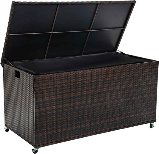 Outdoor 170 Gallon Water-Resistant Wicker Storage Box with Wheels, PE Rattan Deck Box with Waterproof Liner for Outside, Patio Storage Container with Hinged Lid, Horizontal Bin, Brown