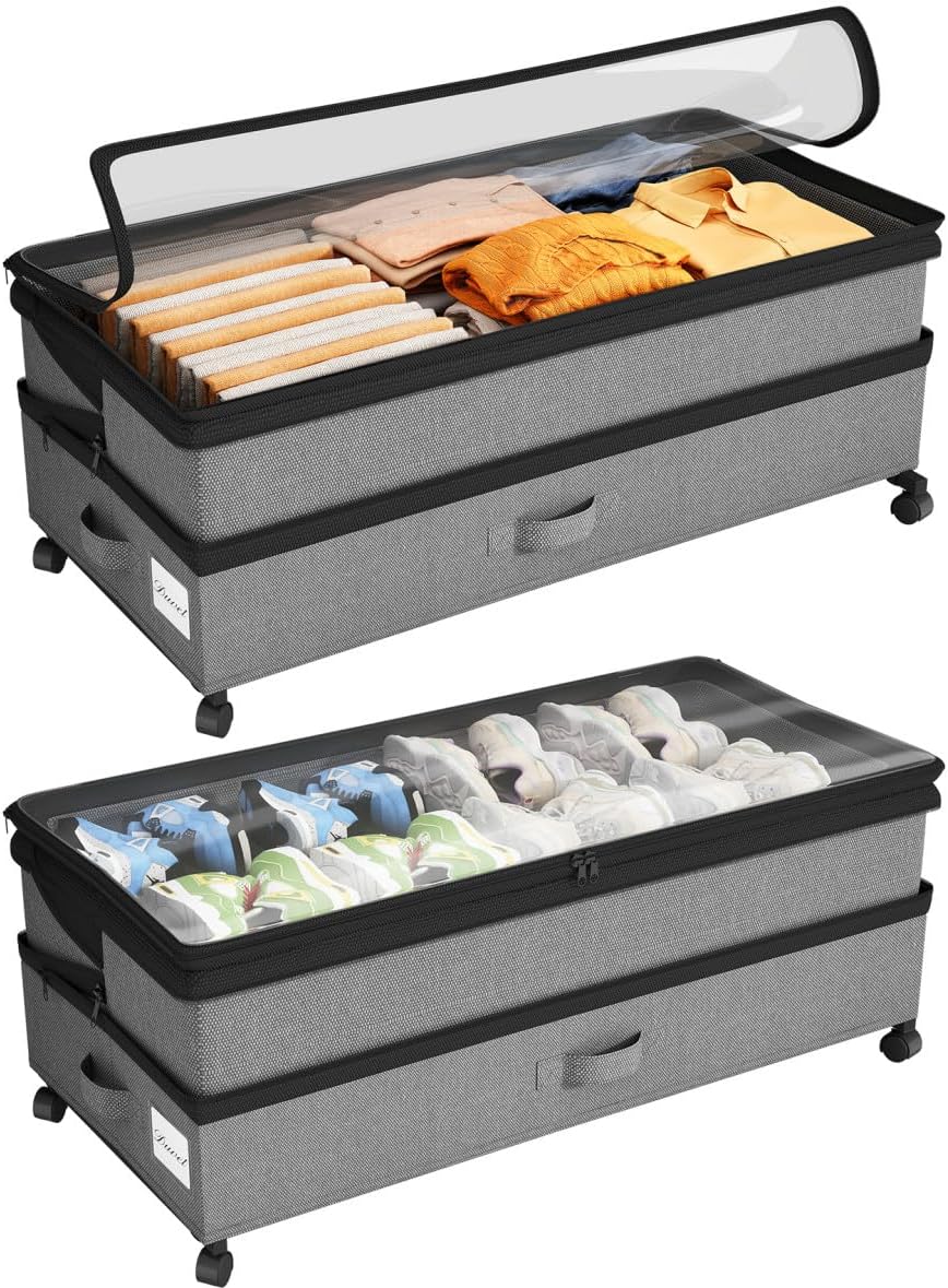 Kitstorack Under Bed Storage with Wheels 2Pack Height-adjustable Under Bed Storage Containers,Under Bed Shoe Storage Organizer with Clear Window&Label, Suitable for Clothes Storage, Gray - Field & Nook
