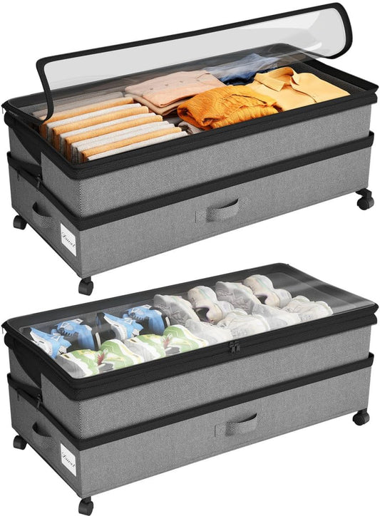 Kitstorack Under Bed Storage with Wheels 2Pack Height-adjustable Under Bed Storage Containers,Under Bed Shoe Storage Organizer with Clear Window&Label, Suitable for Clothes Storage, Gray - Field & Nook