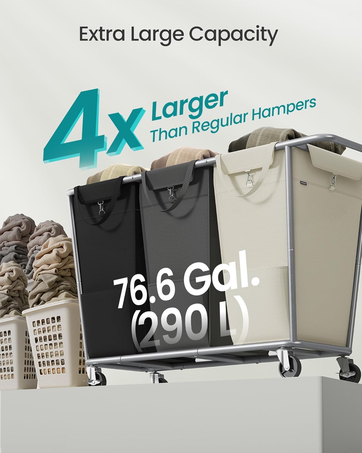 290L 3-Section Steel-Frame Rolling Laundry Hamper - Field & Nook