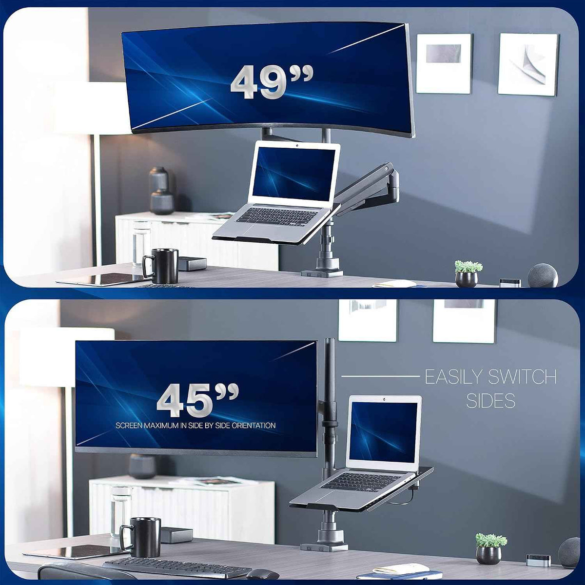 VIVO Pneumatic Arm Ultrawide Monitor Extra Tall Desk Mount for Up to 49 inch Screens and Laptop Tray for Up to 17 inch Notebooks, Holds Ultra-Wides Up to 44 lbs, Black, STAND-V120K-L