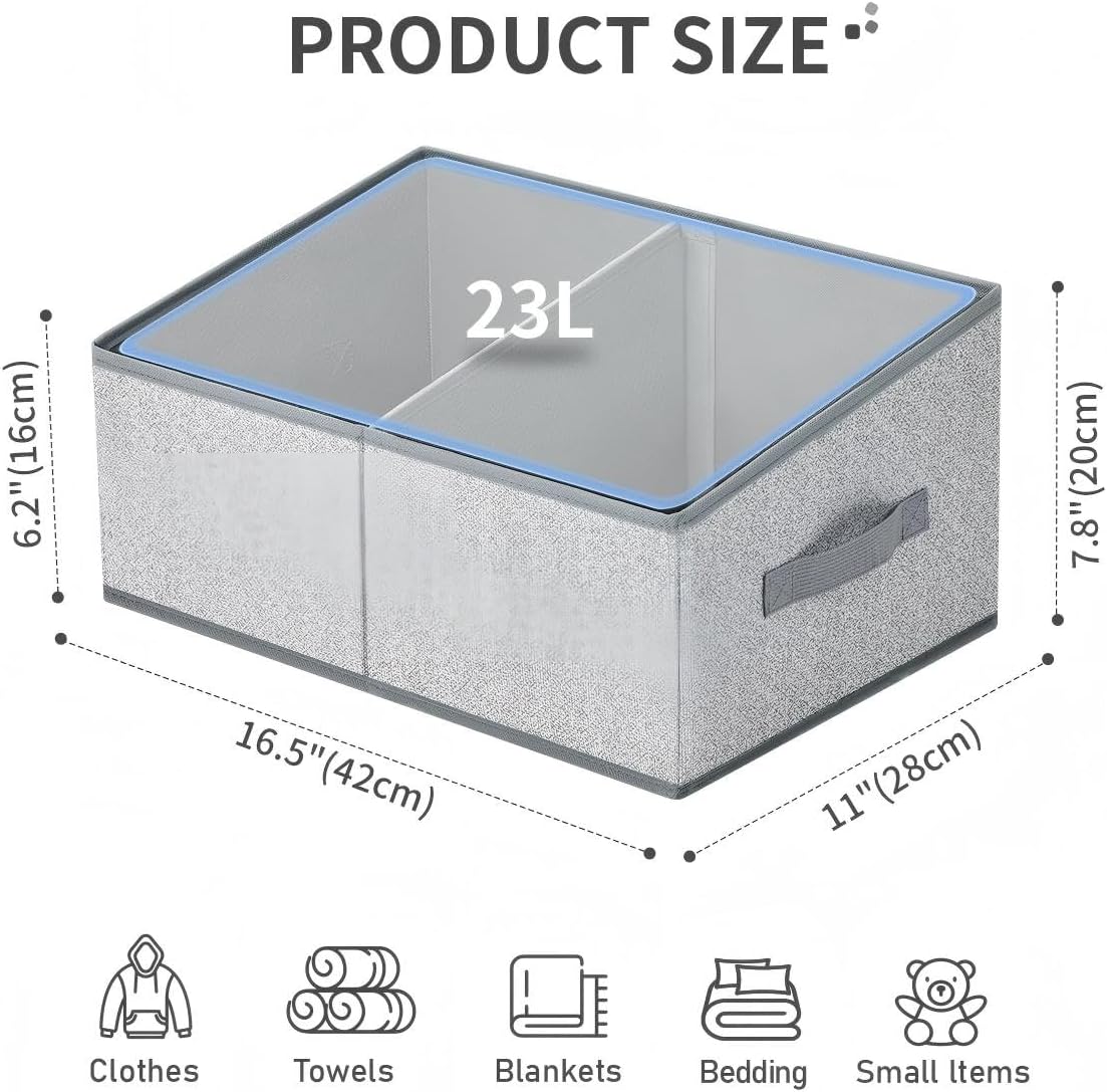 DIMJ Large Closet Shelf Organizer Bins 6 Packs with Handles and Divider, Fabric Trapezoid Storage Baskets, Foldable Clothes Containers Box for Shelf, Towel, Book, Toy, Purse, Hats, Grey - Field & Nook