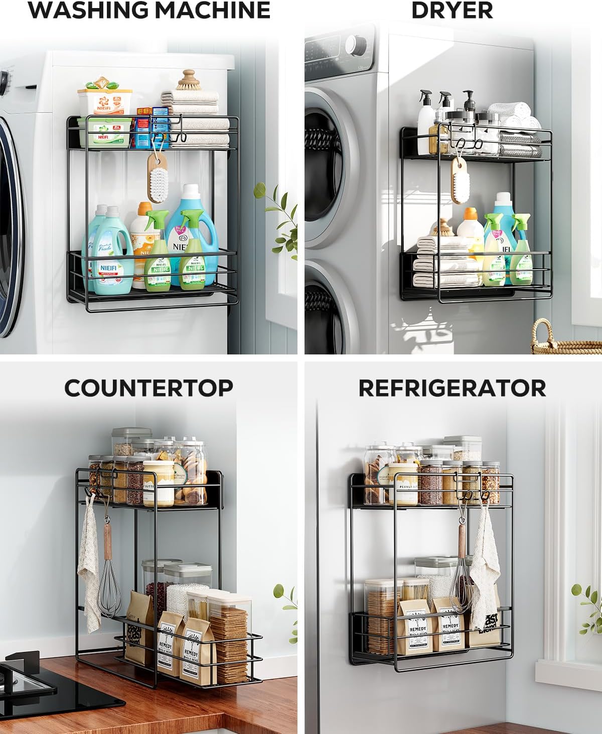 Nieifi Magnetic Shelves for Washing Machine, Magnetic Laundry Organizer | Heavy duty, 2 tier, pull out drawer, 2 hooks, dryer organizer, laundry room storage, magnetic spice rack, black - Field & Nook