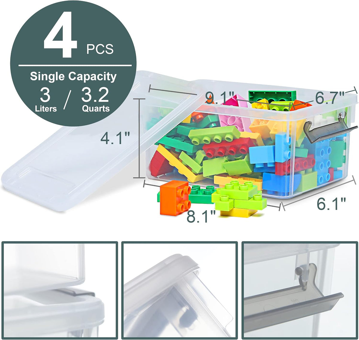 Citylife 4 Packs Small Storage Bins with Lids 3.2 QT Plastic Storage Containers for Organizing Stackable Clear Storage Boxes - Field & Nook