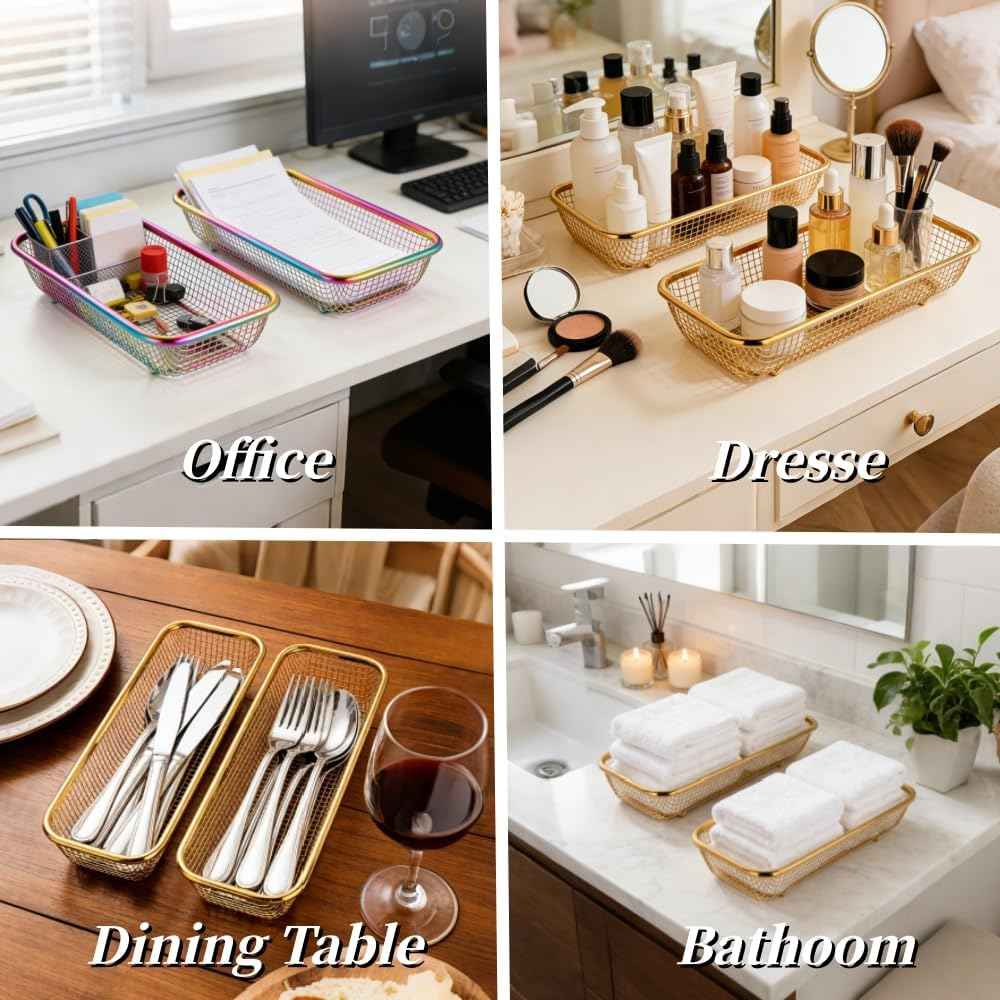 2pcs Stackable Mesh Flatware Drawer Organizer, Gold