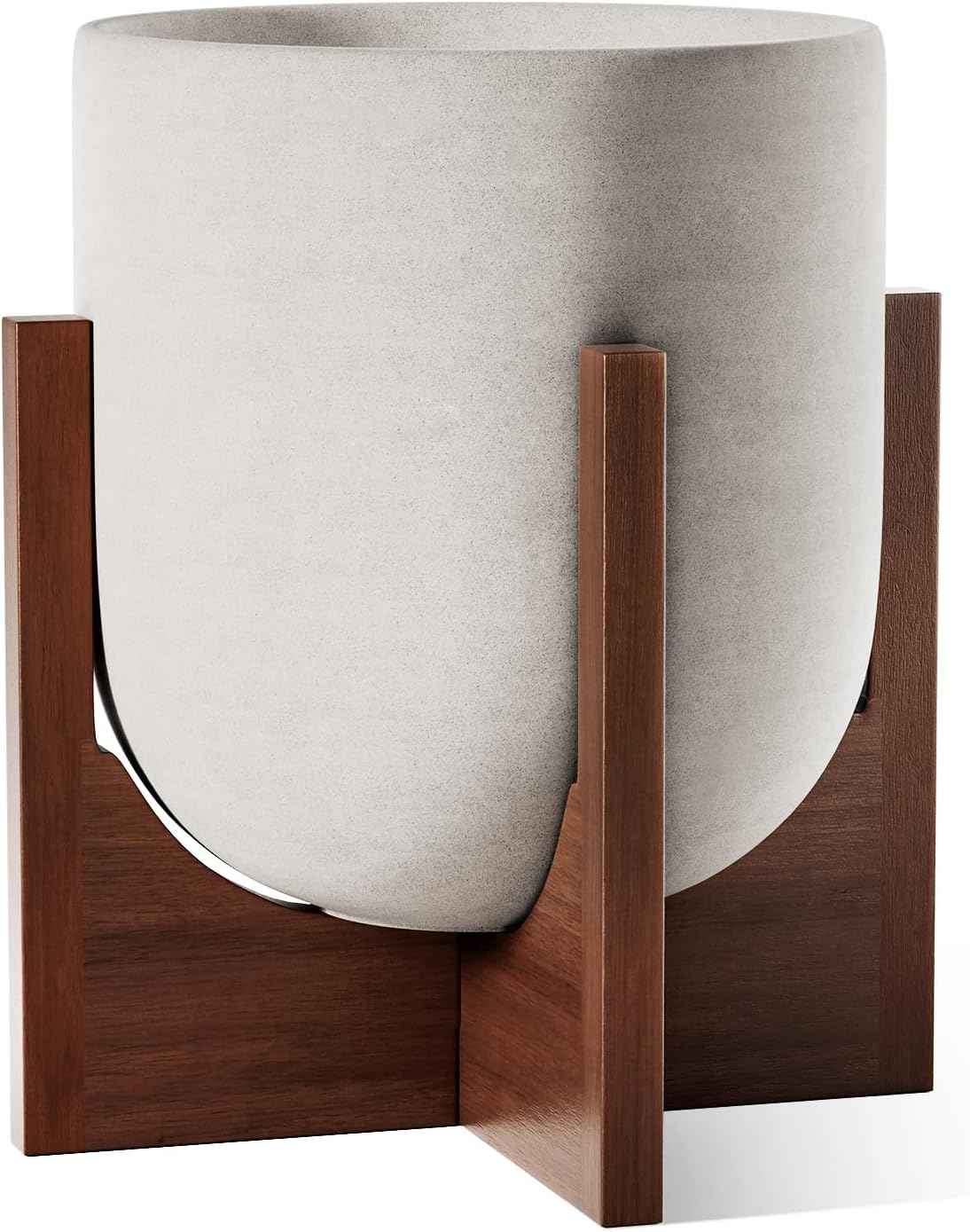 LE TAUCI 10 Inch Planter with Acacia Wood Stand, Ceramic Planters for Indoor Plants, Unique Plant Pots Indoor for Home Decor, Cylinder Pots for Plants with Drainage Hole and Plug, Neutral Gray