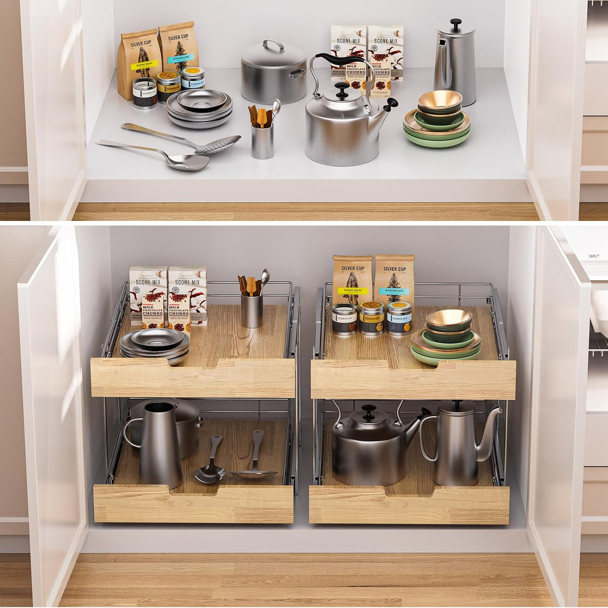 Sikarou Pull Out Cabinet Organizer,Heavy-Duty Slide Out Shelf, Wood