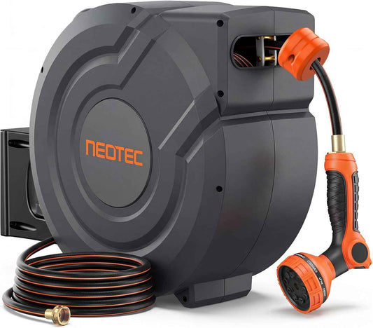 Upgraded Retractable Garden Hose Reel 5/8 inch x 100 ft 9 Pattern Nozzle Wall-Mounted Any Length Lock Automatic Slow Return 180° Swivel UV Resistant Heavy Duty Hose Reels for Outside