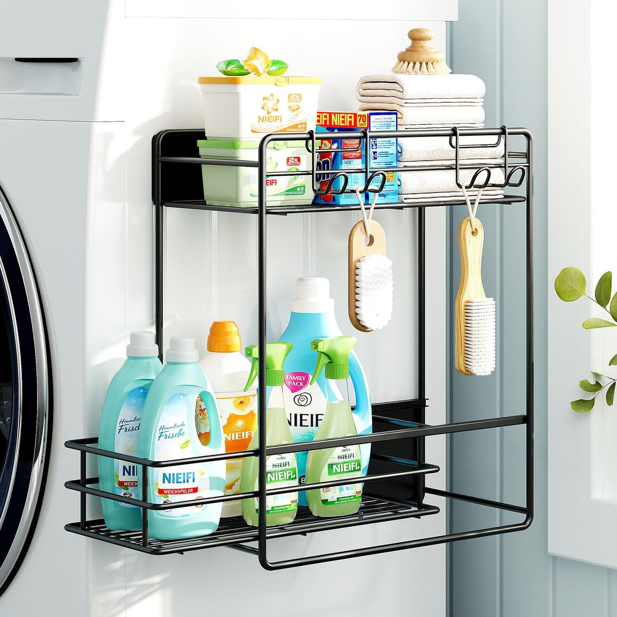 Nieifi Magnetic Shelves for Washing Machine, Magnetic Laundry Organizer | Heavy duty, 2 tier, pull out drawer, 2 hooks, dryer organizer, laundry room storage, magnetic spice rack, black - Field & Nook