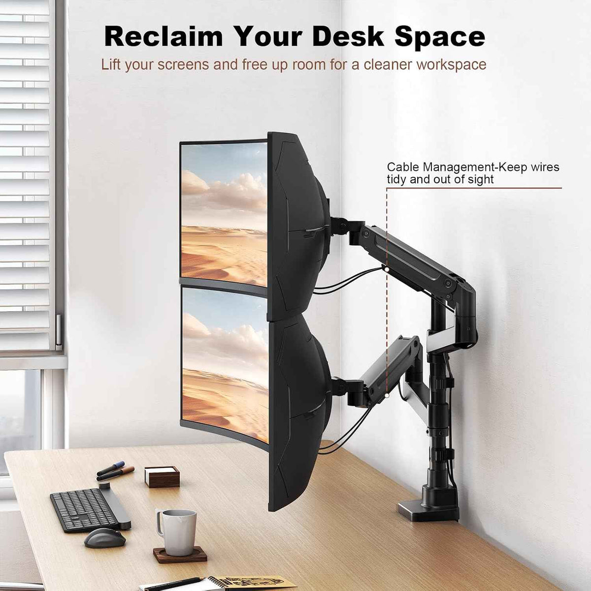 Dual Monitor-Arm Heavy-Duty for 17-49-inch Screens - Premium Vertical Stacked Dual Monitor Arm Desk Mount for Ultrawide Screens up to 44lbs, Fully Adjustability, VESA 75/100 mm, Black